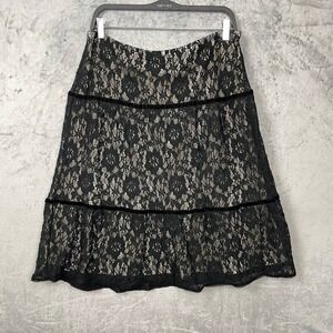 Whimsigoth‎ Black Lace Velvet Trim Tiered Midi Skirt Large Dark Romantic Gothic
